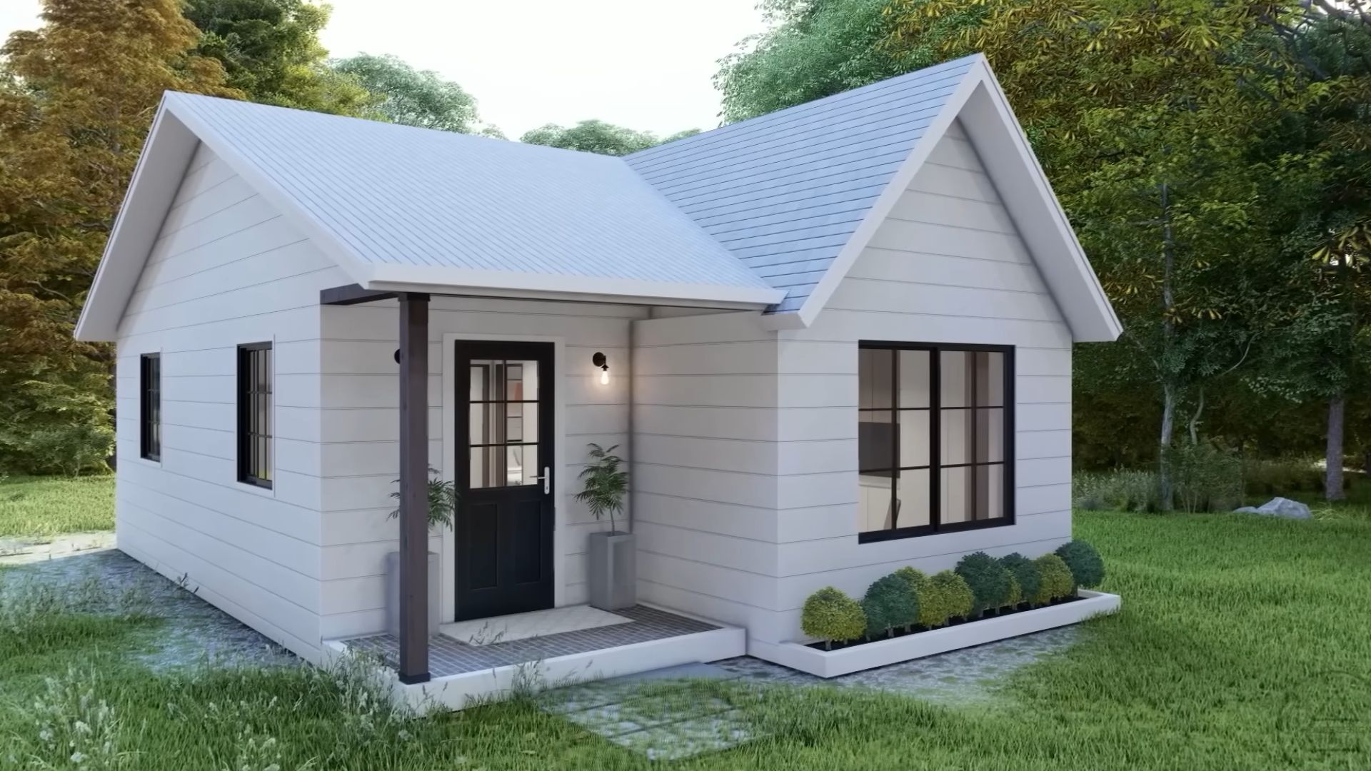 tiny house with white facade and white roof, black window and front door, surrounded by greenery