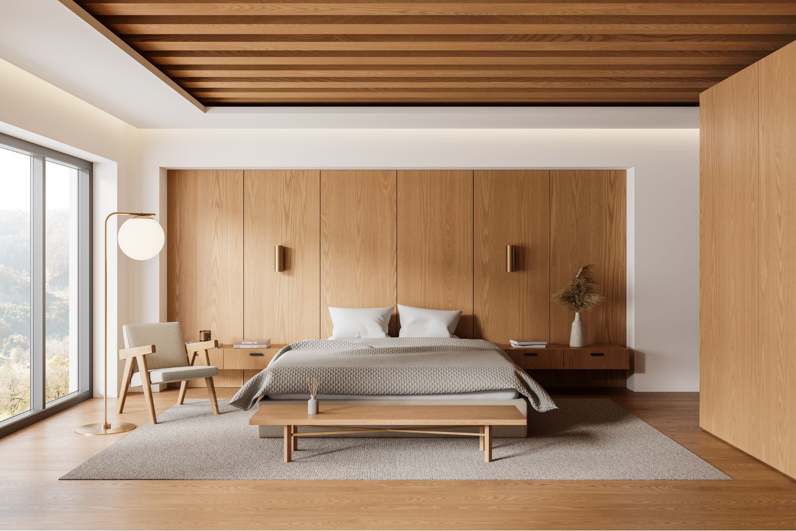 Wooden bedroom with simple and minimalistic furniture