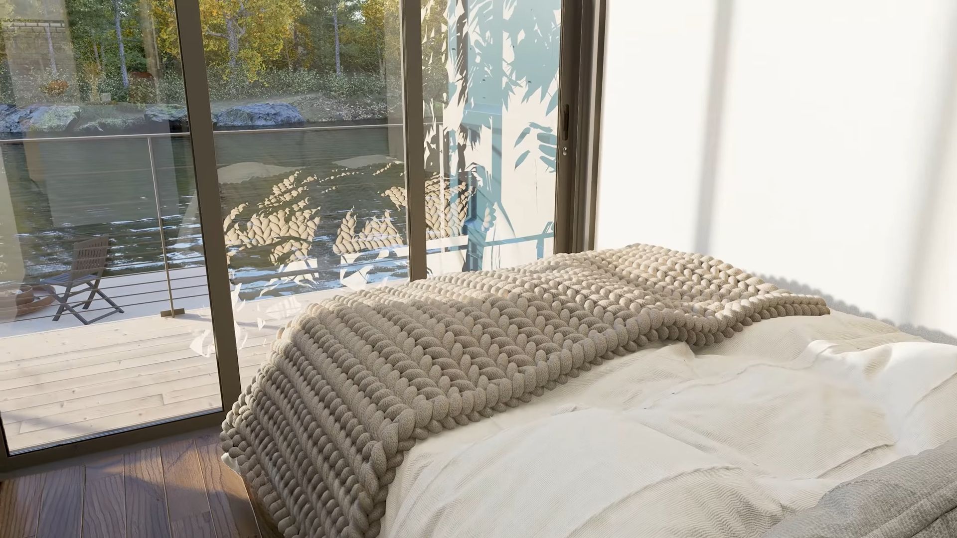 Bedroom with a queen-sized bed and a view on the lake