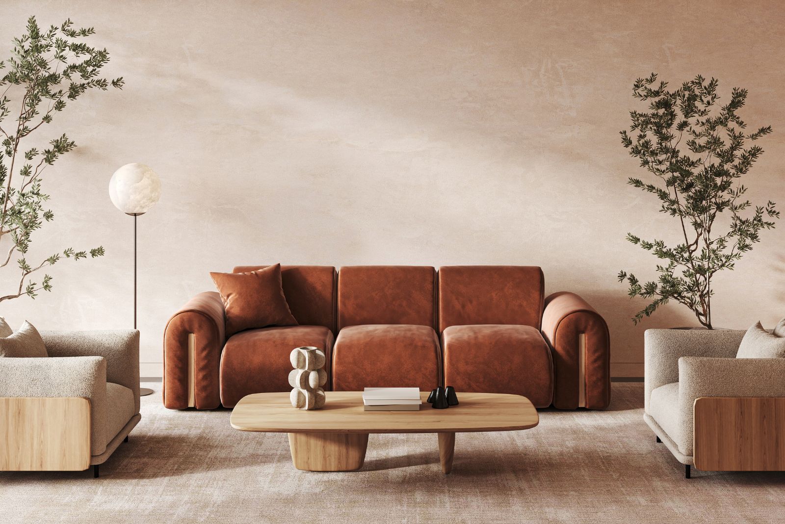 Beige living room with a brown couch and two plants