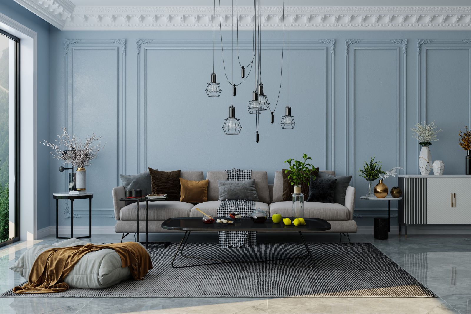 Blue living room with black light fixture and coffee table