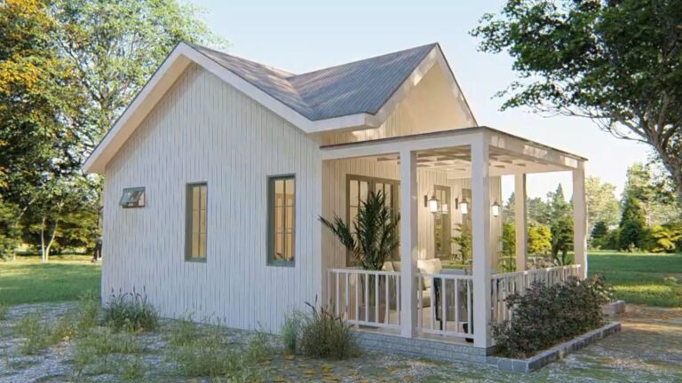 exterior of a tiny house, surrounded by plants, white and green exterior
