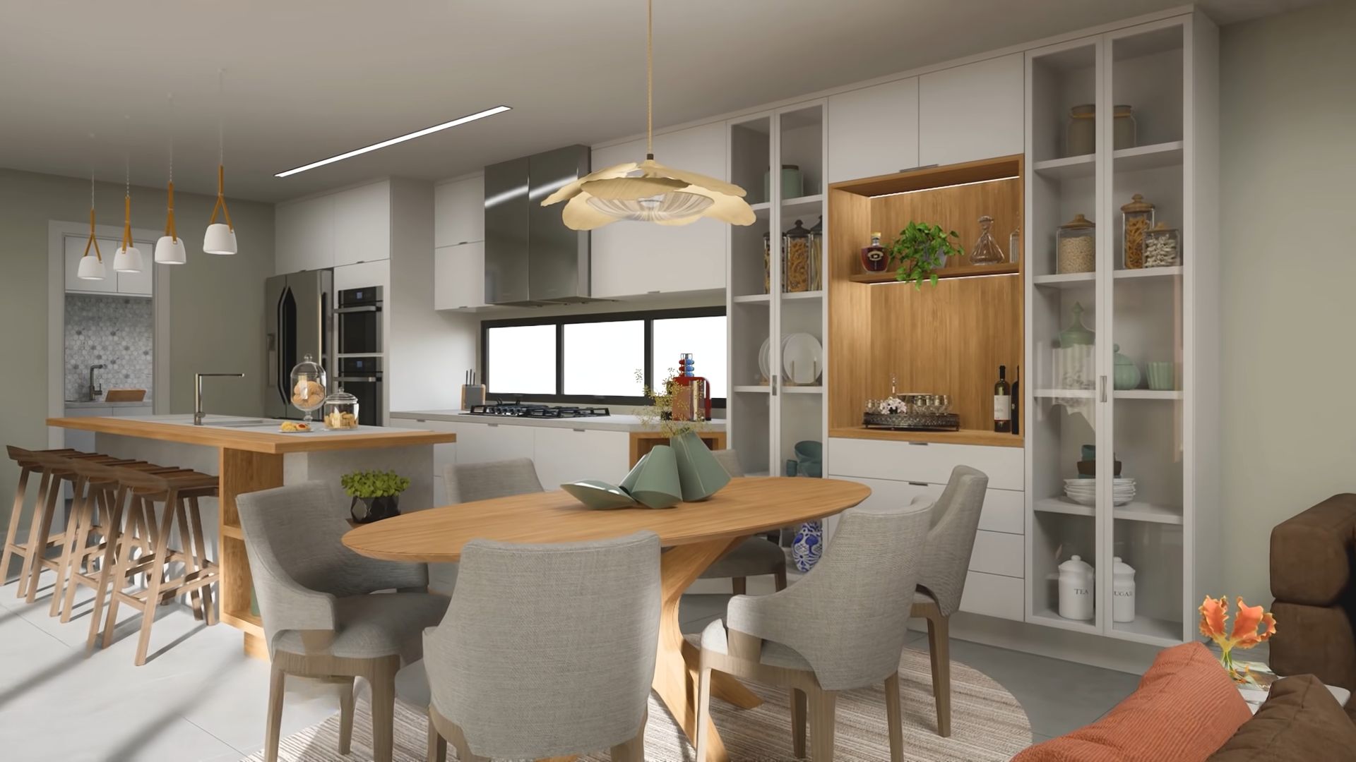 Dining room with a wooden designer table and chairs