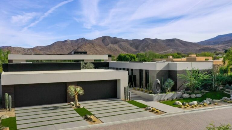 front side of the ultra modern mansion in the desert