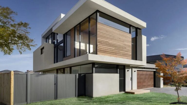 exterior of a modern beach house, light beige and brown exterior
