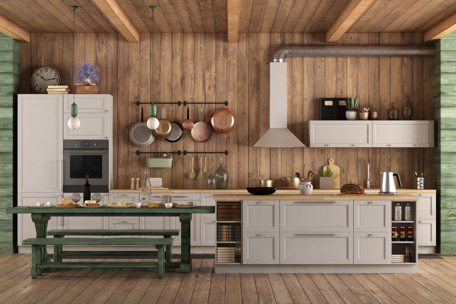 Farmhouse kitchen with brown and green wooden walls