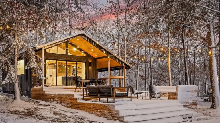 Beautiful cabin in the dark with a light balls