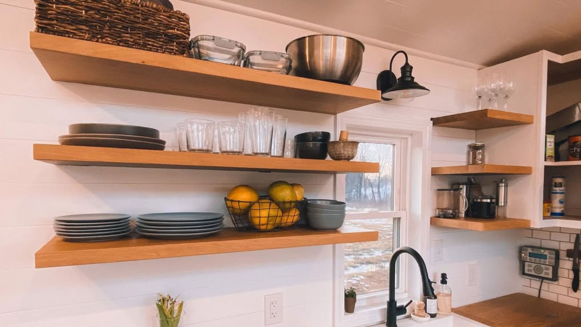 floating open shelves in the kitchen