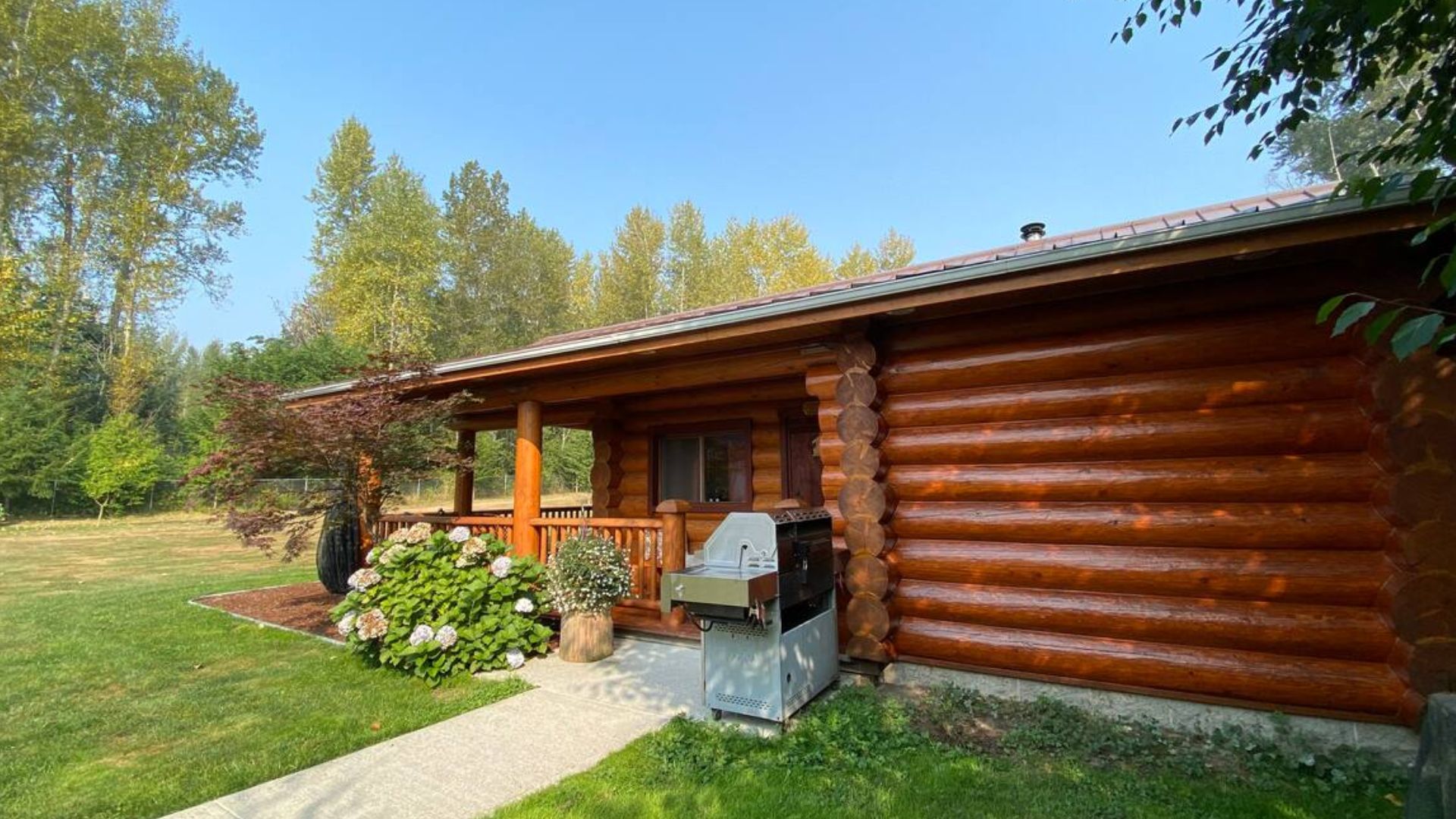 log cabin with greenery around