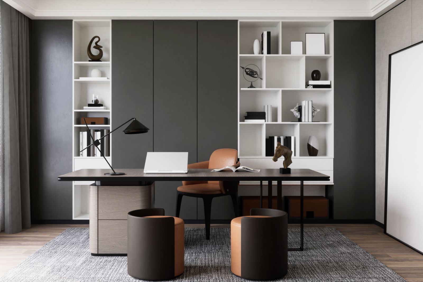 Gray home office with a huge cabinet