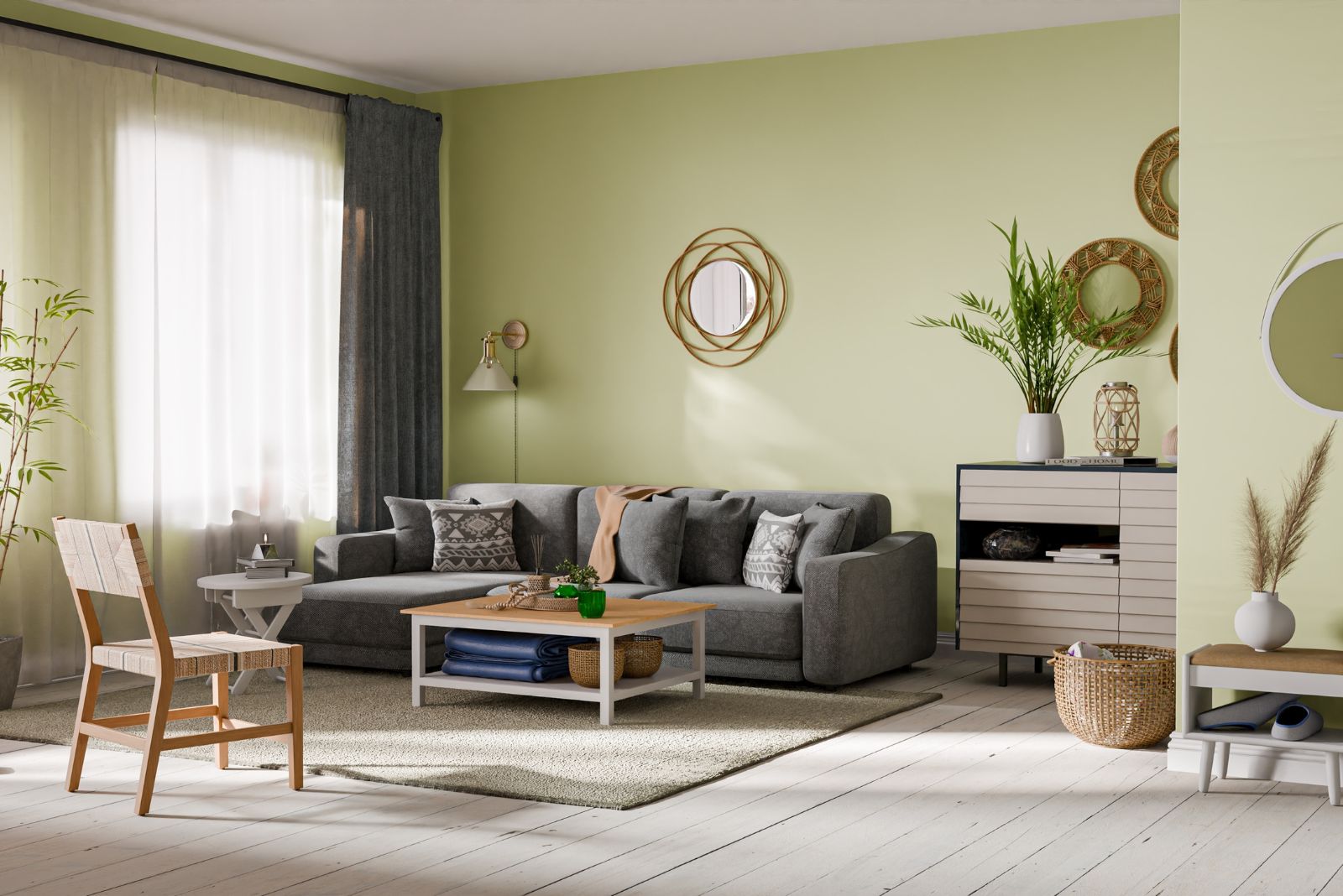 Green living room with a gray couch and a coffee table