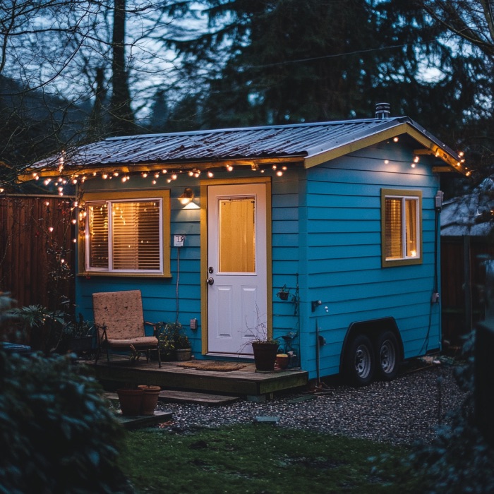 exterior of a tiny home with blue walls and fairy light, colors of a van gogh painting