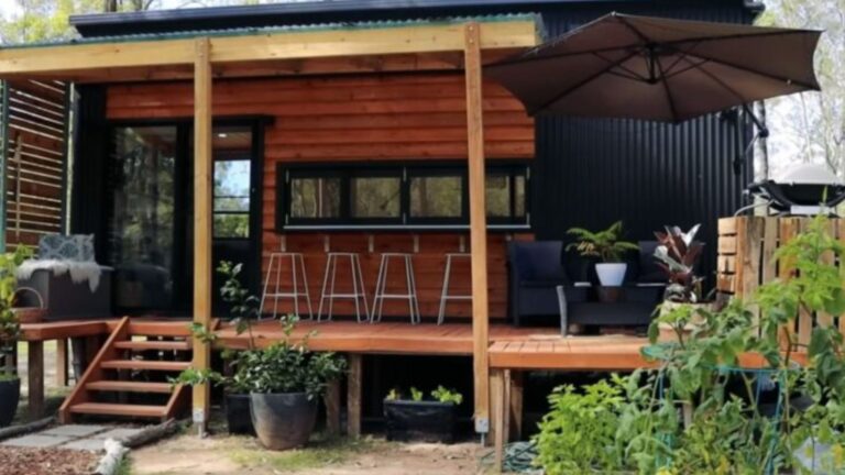exterior of the small house with a patio, facade a combination of black corrugated steel and wood siding
