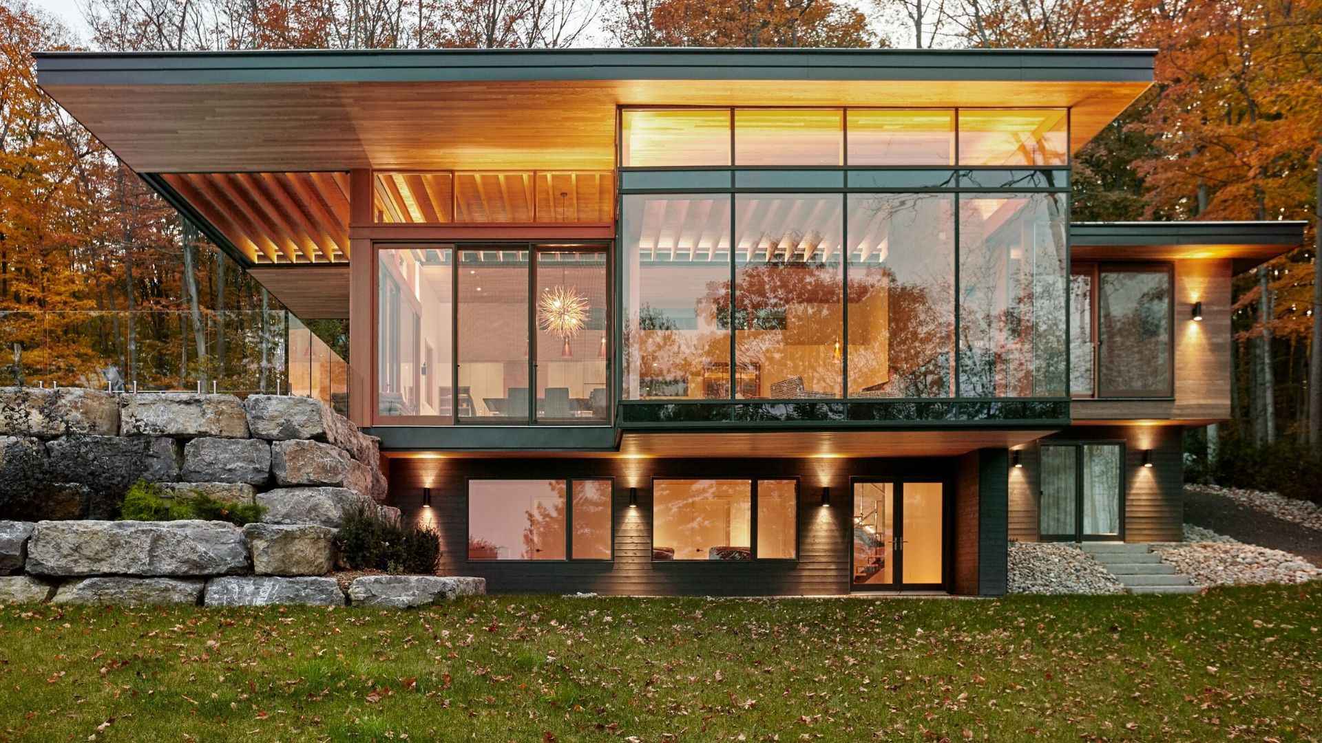 Modern house surrounded by nature, with a lot of windows