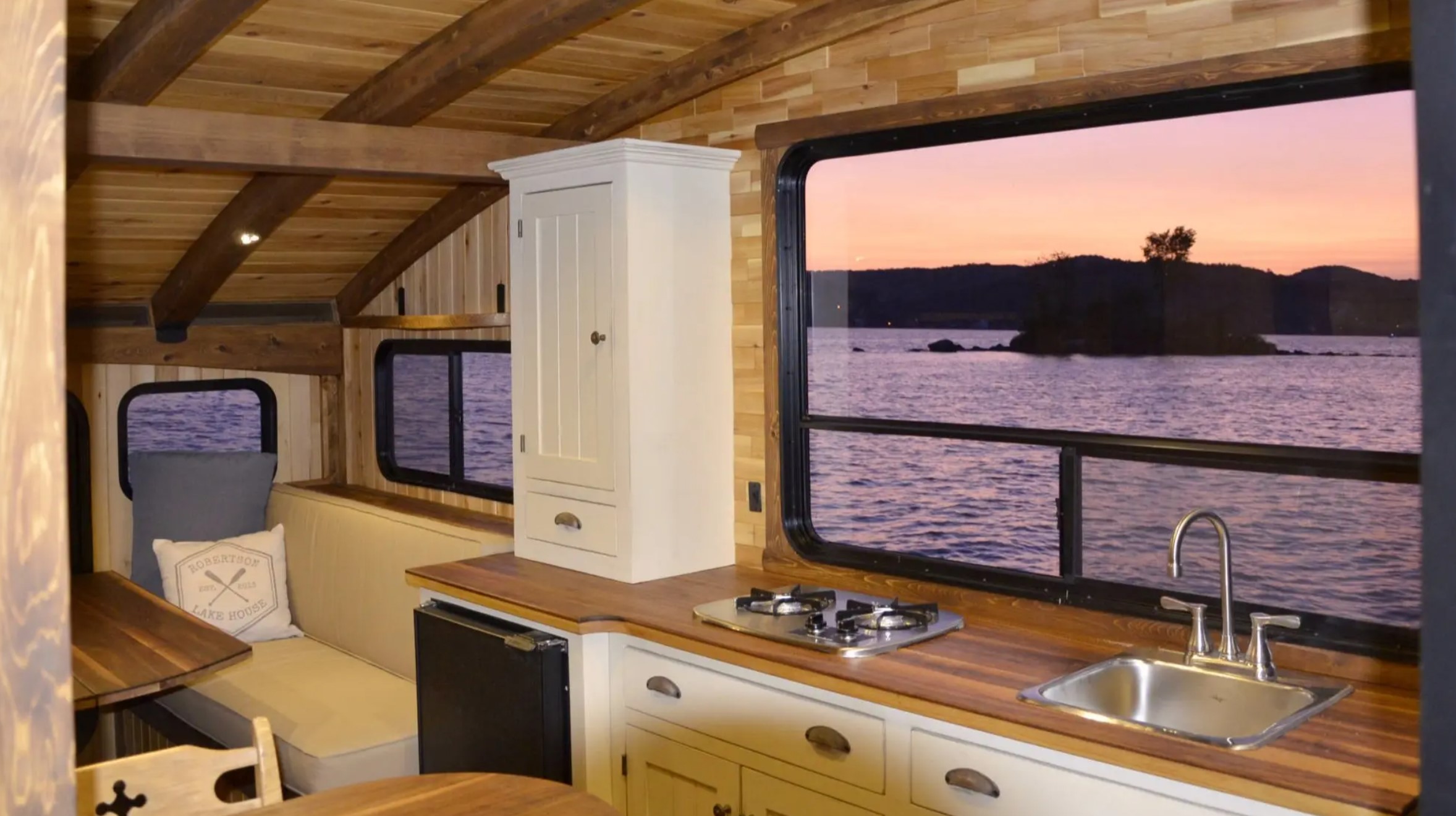 Kitchen on a boat with a big window