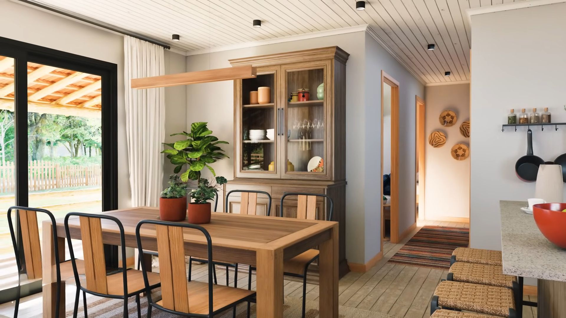 Kitchen dining room with a wooden cupboard and wooden table