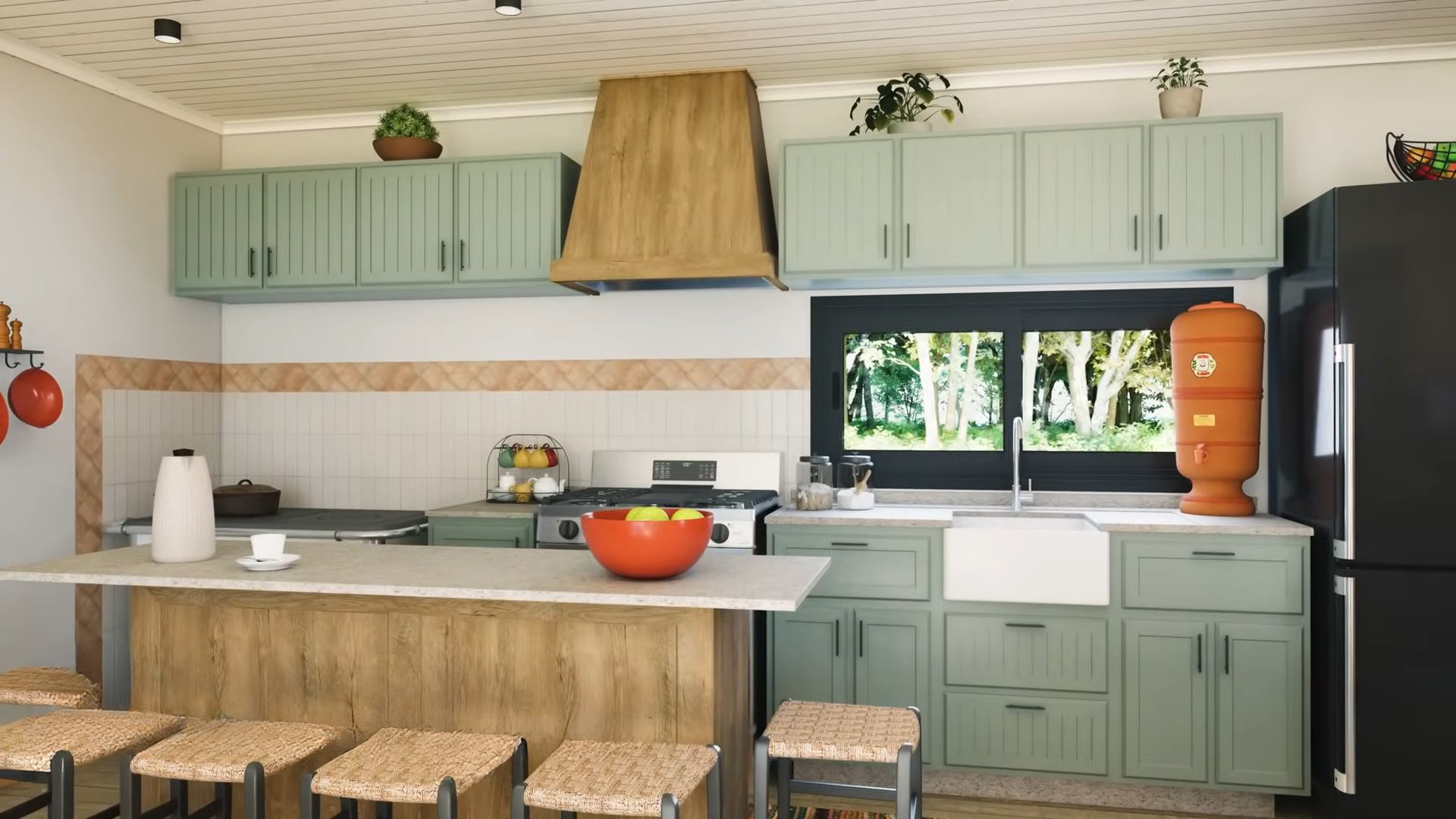 Mint green kitchen with an island in the middle