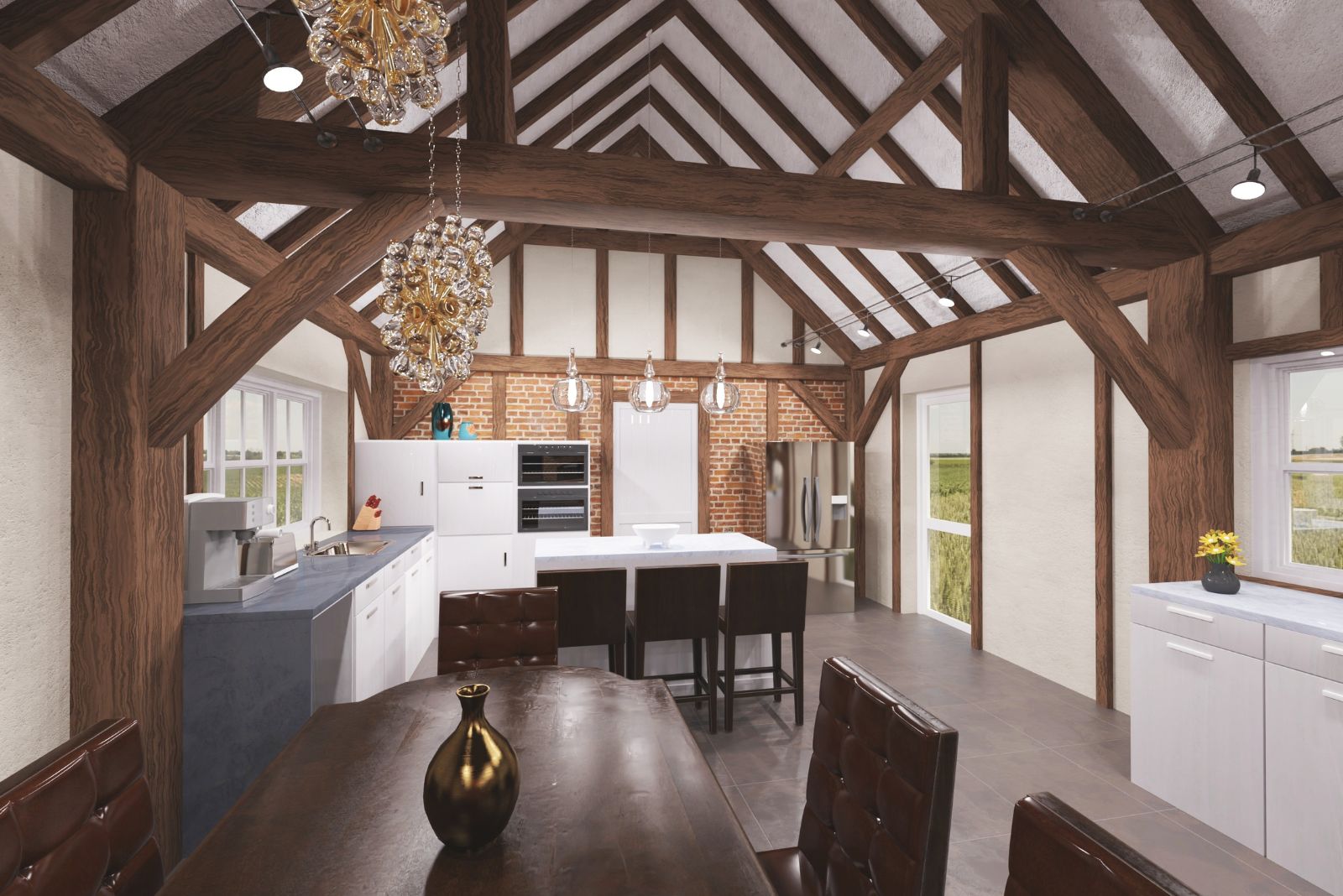 Sleek and modern kitchen with wooden beams