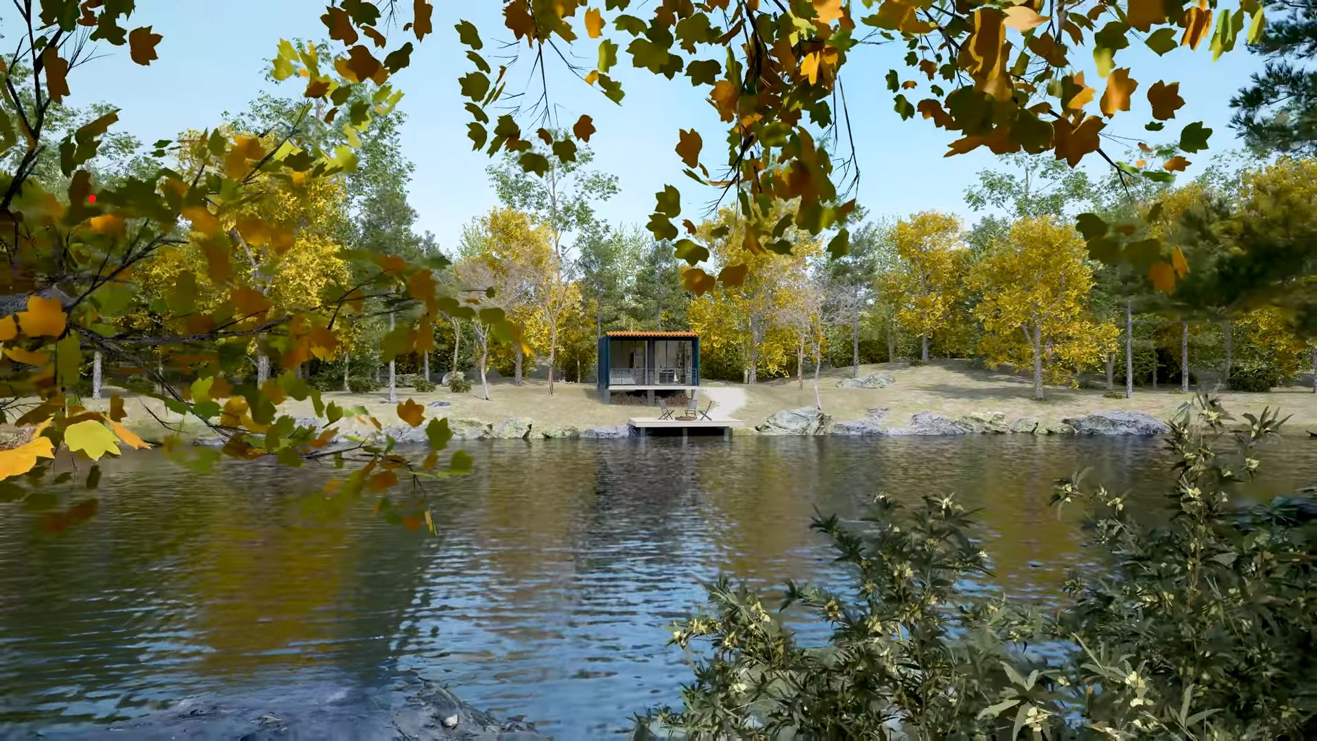 Container cabin on lake with blue exterior