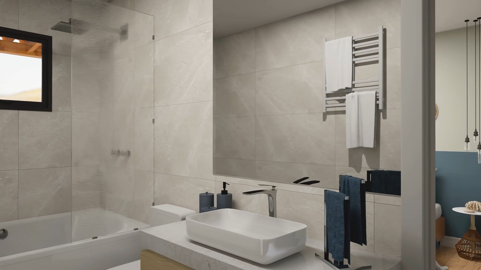 Sleek white bathroom with huge mirror and stunning vanity