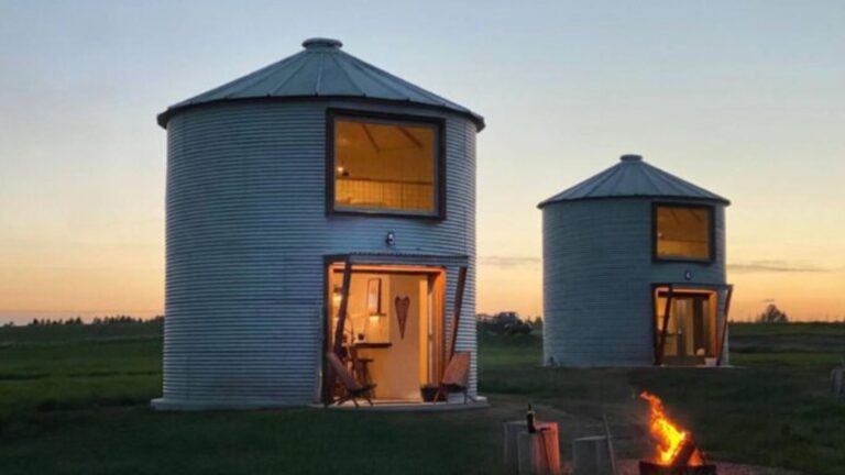exterior of two round tiny homes