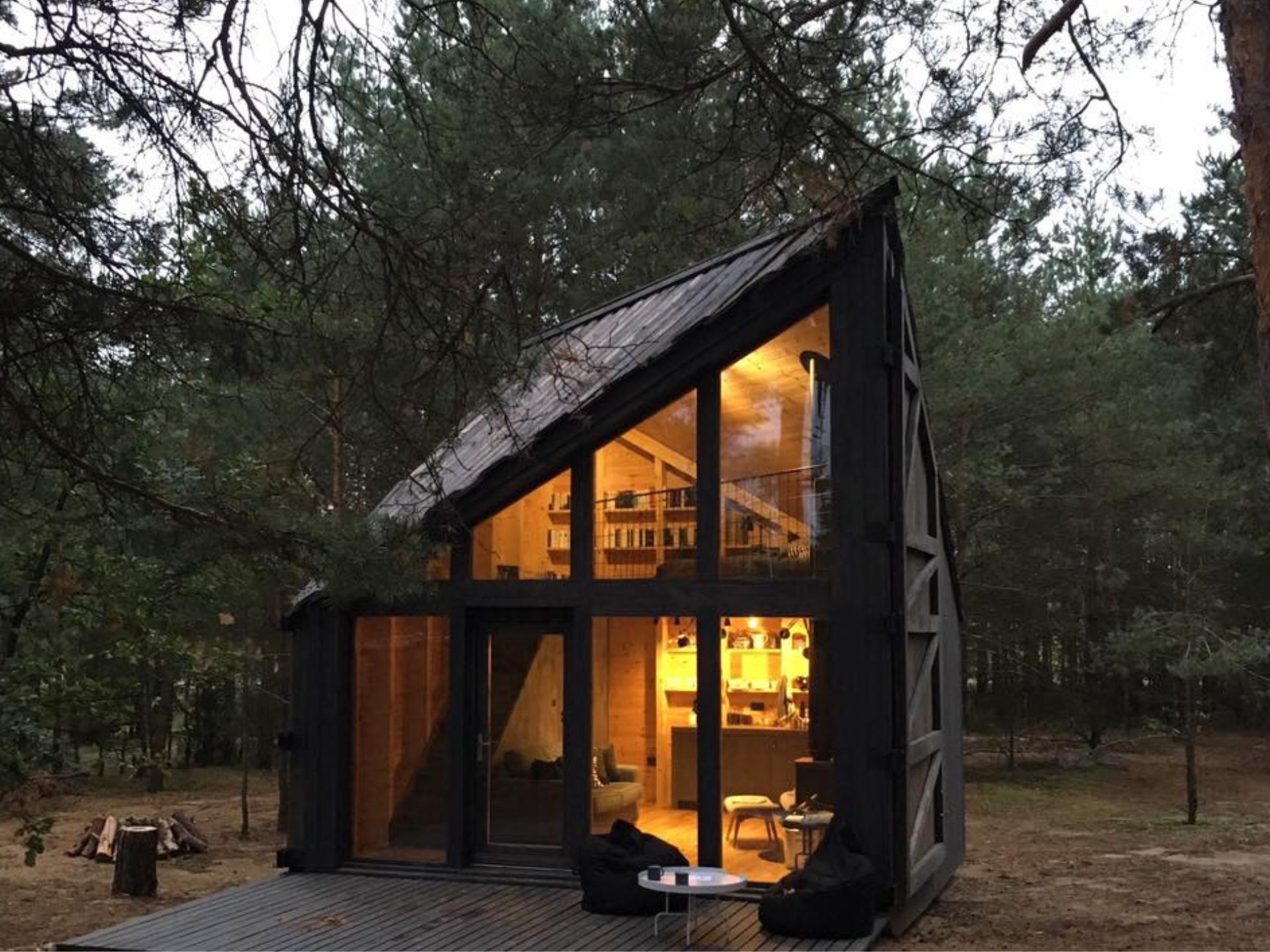 Asymmetrical cabin with a library