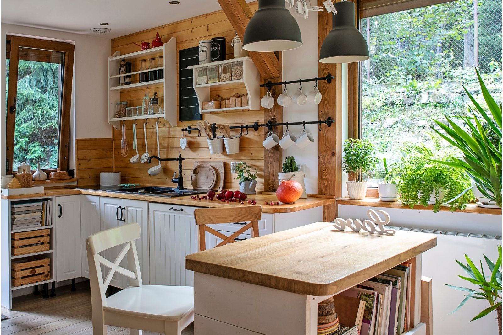 Tiny farmhouse kitchen with wooden panels