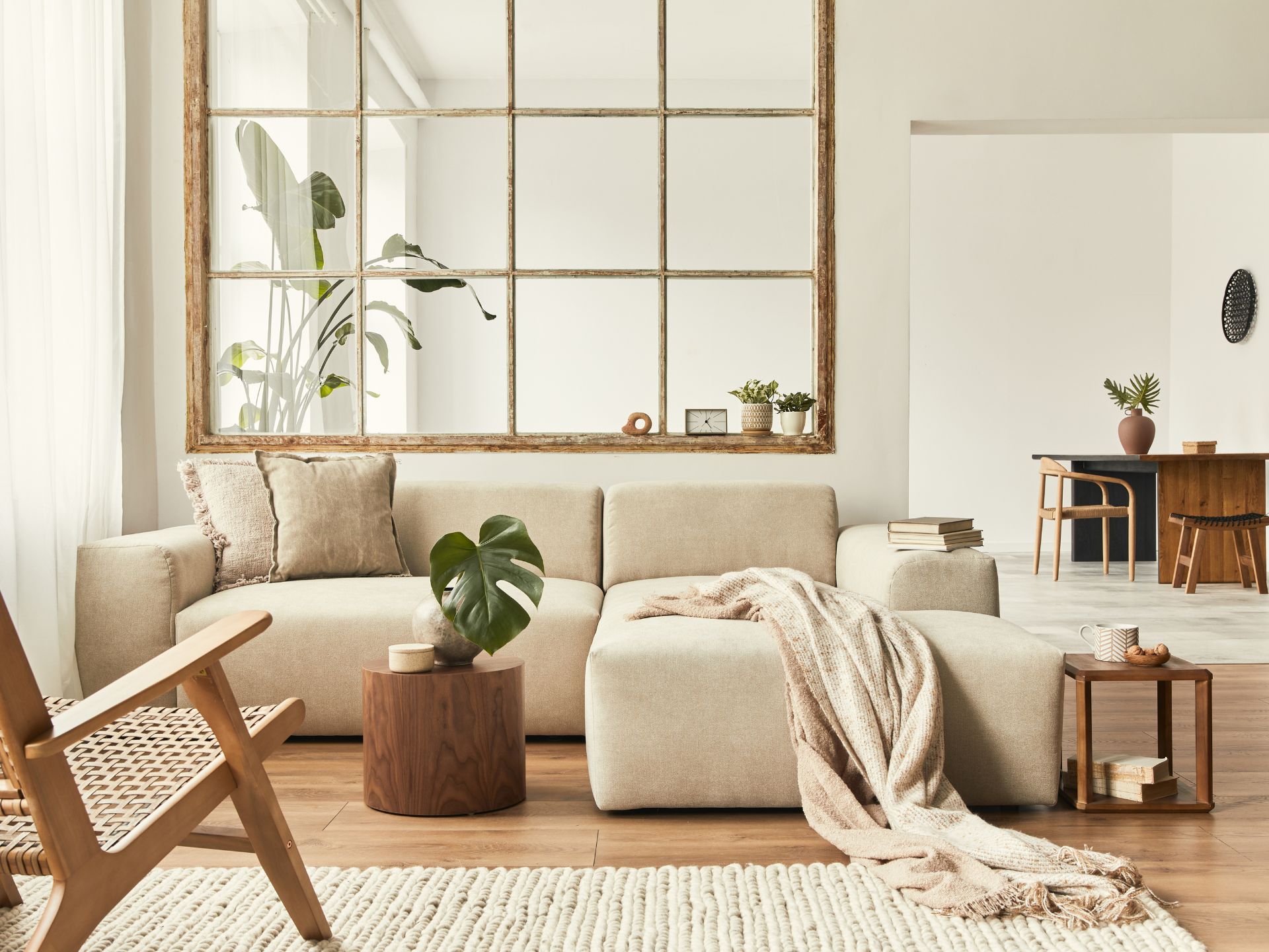 living room with a huge inside window