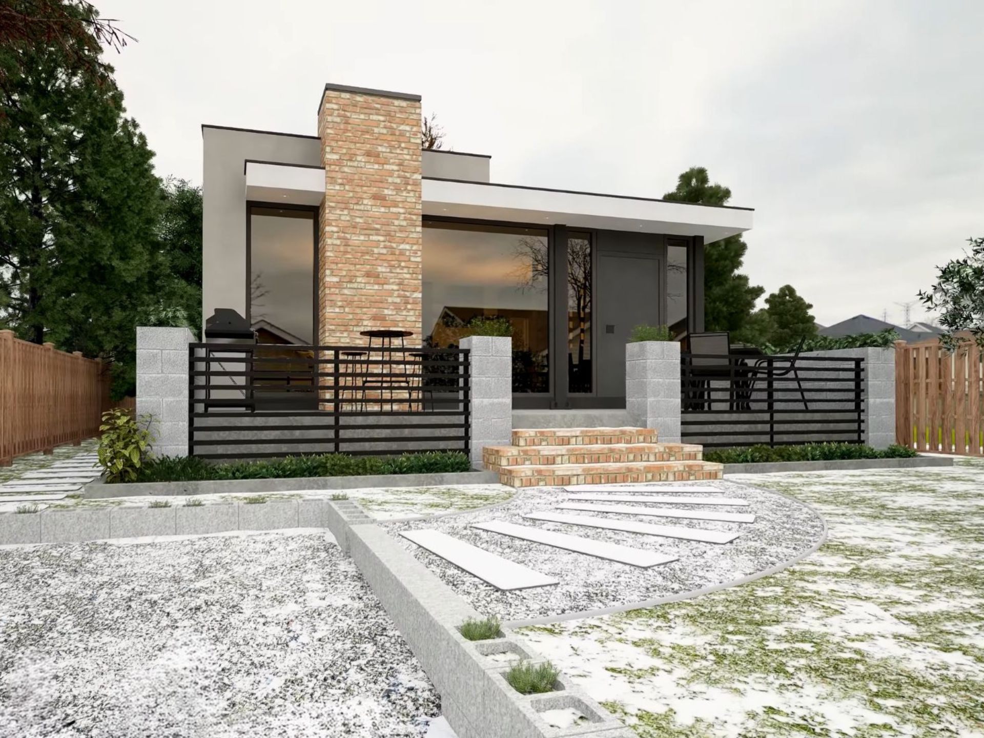 exterior of the three-bedroom container with modern facade and stone chimney details, porch on the front side of the house