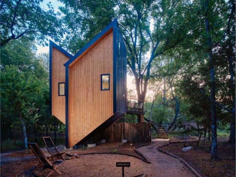 exterior of a wooden cabin in the shape of a butterfly