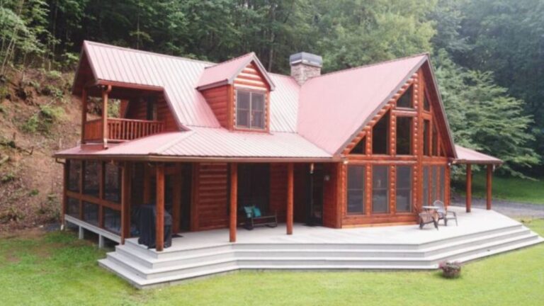 wooden cabin with white patio