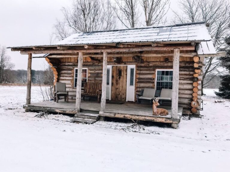 exterior of a rustic cabin under the snow