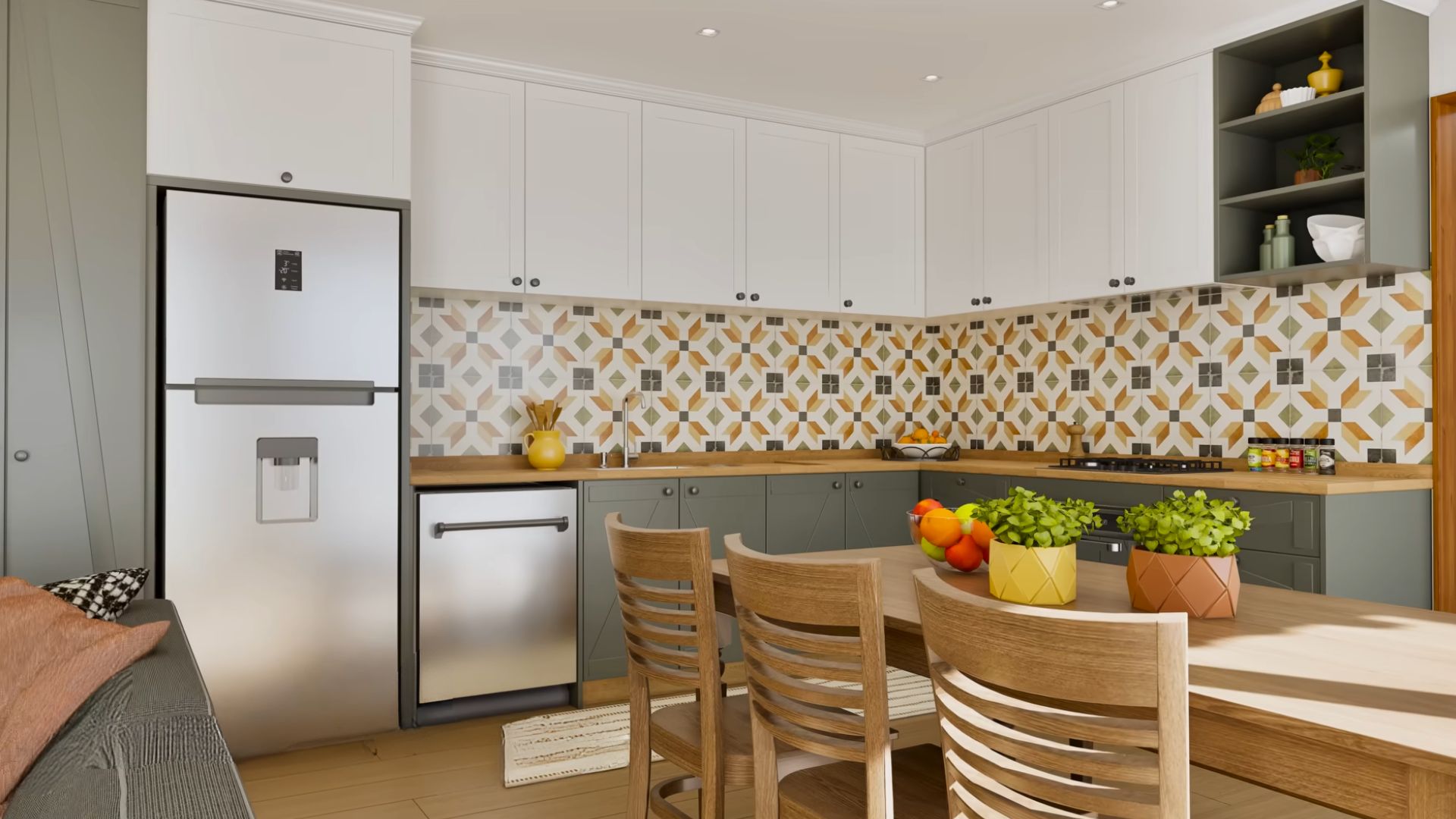 open space kitchen with a dining area in the center, wood table and traditional chairs, kitchen counters in grey, upper cabinets in white, an interestin backsplash with yellow details between them, stainless steel appliances