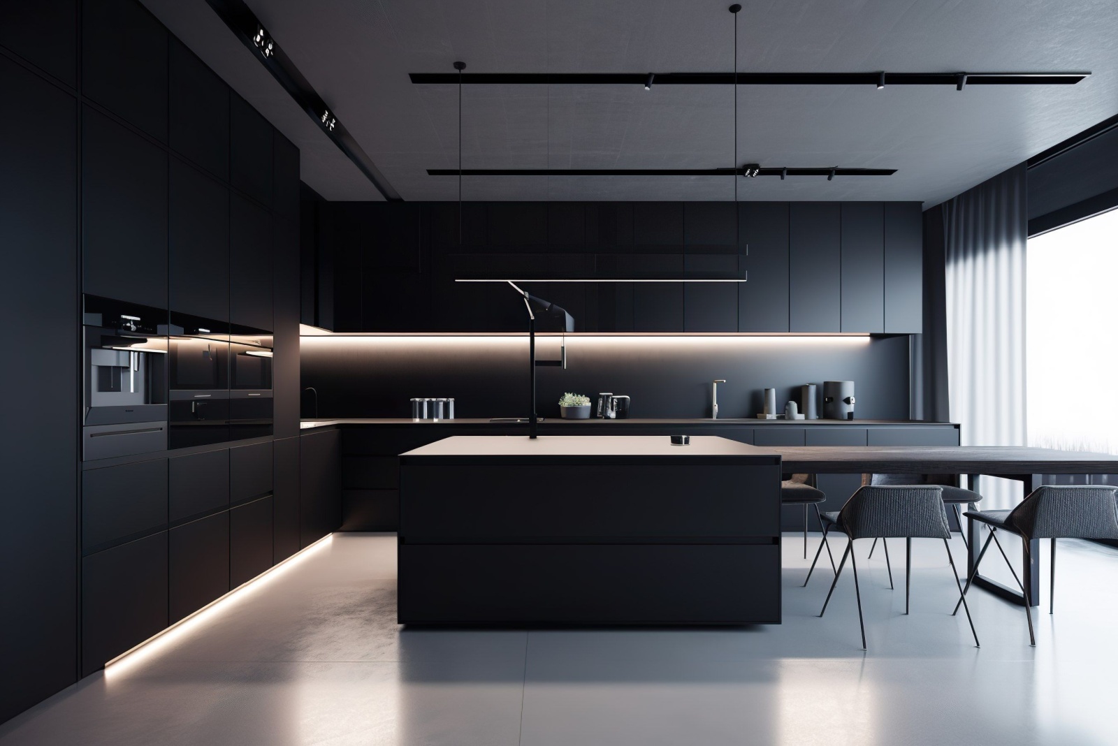 all black kitchen with black cabinets, black walls and black countertop