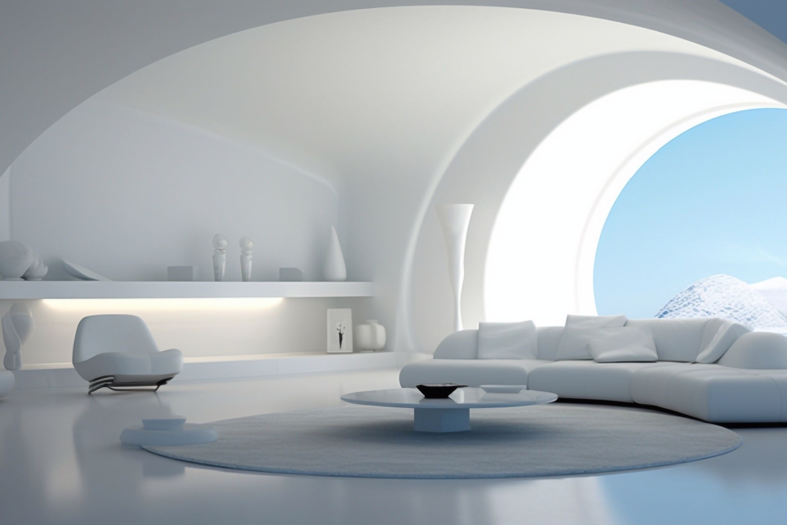 all white futuristic living room with a white couch, white chair, white carpet, white round table, white shelves and white decor