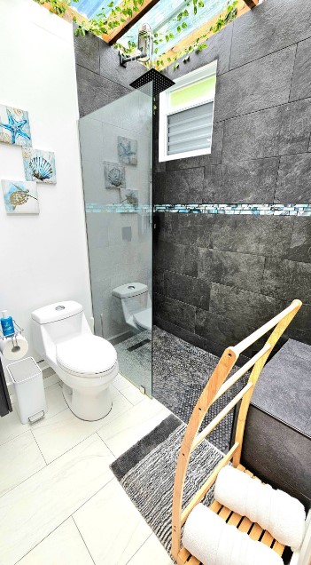 bathroom with a glass shower and greenery on the ceiling and paintings with sea motifs above the white toilet