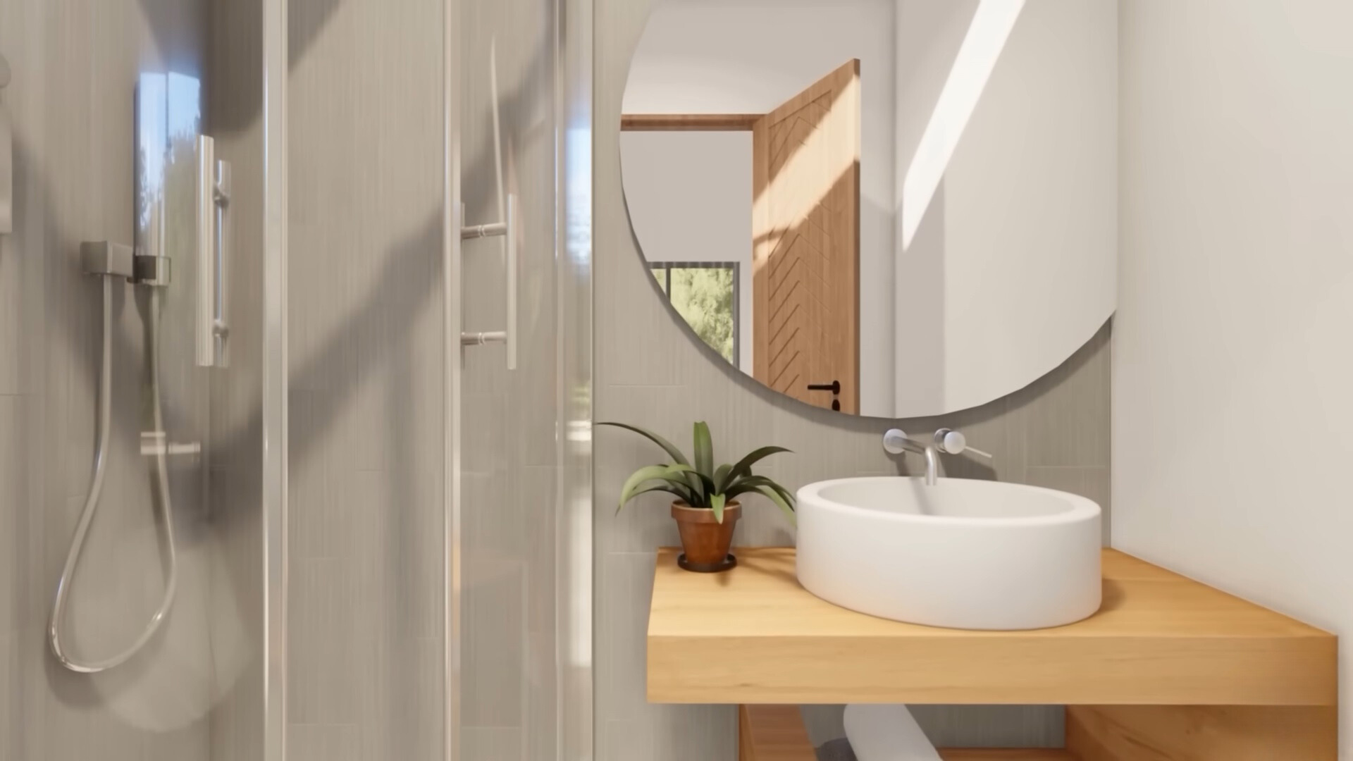 bathroom with a glass shower, white sink, mirror above the sink and a brown countertop