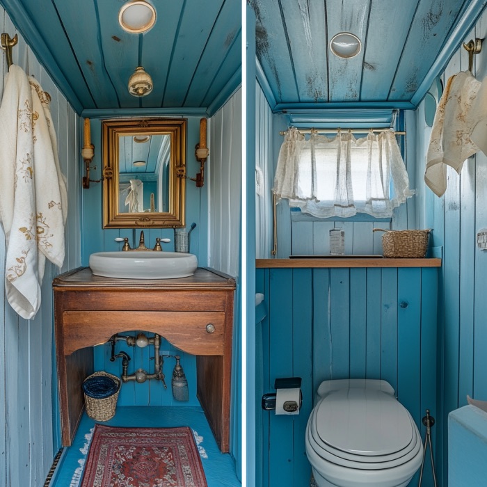 bathroom with blue walls, white toilet, brown cabinet, white sink, golden mirror