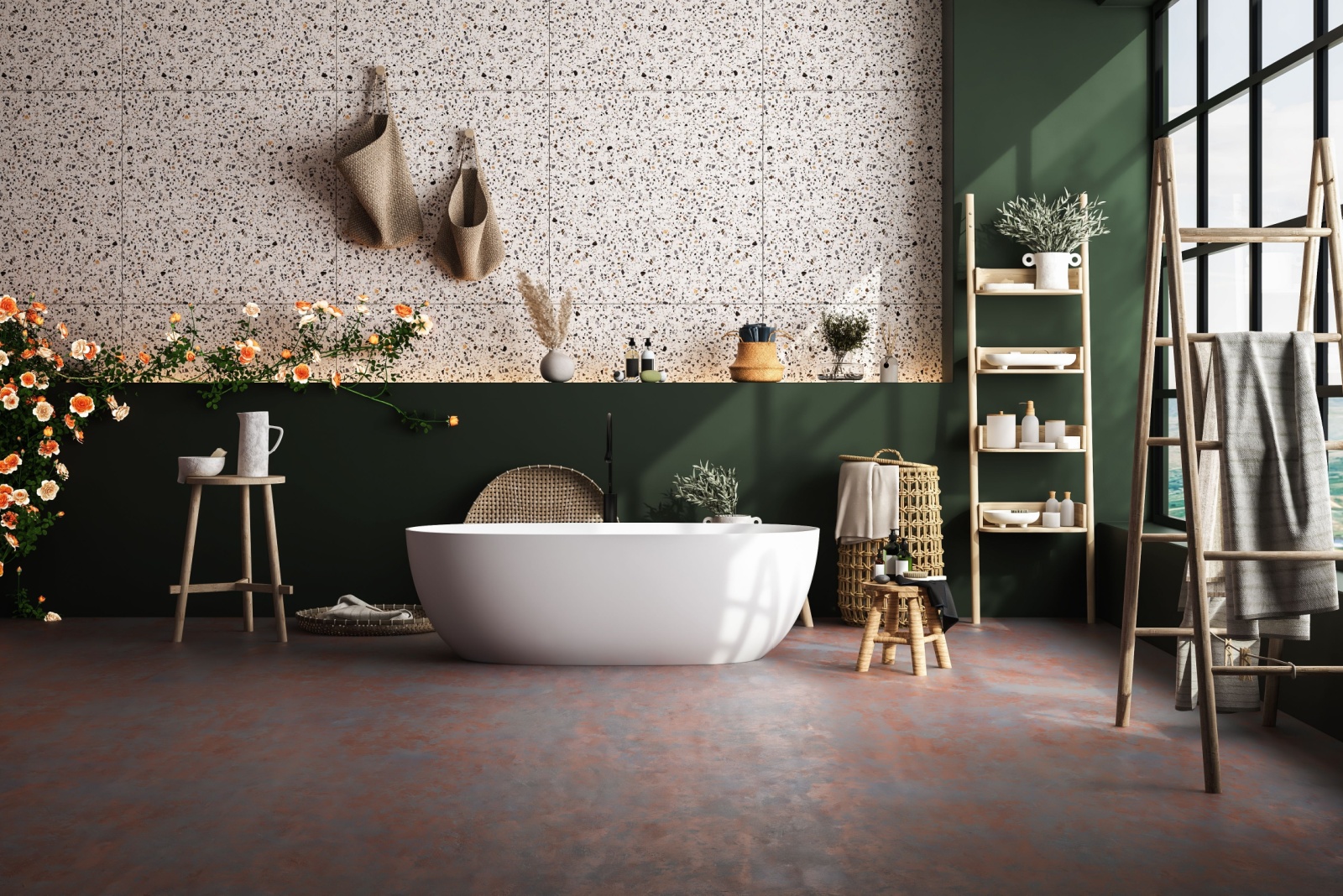 bathroom with a white bathtub, green and dotted white wall, a lot of plants, wooden shelves