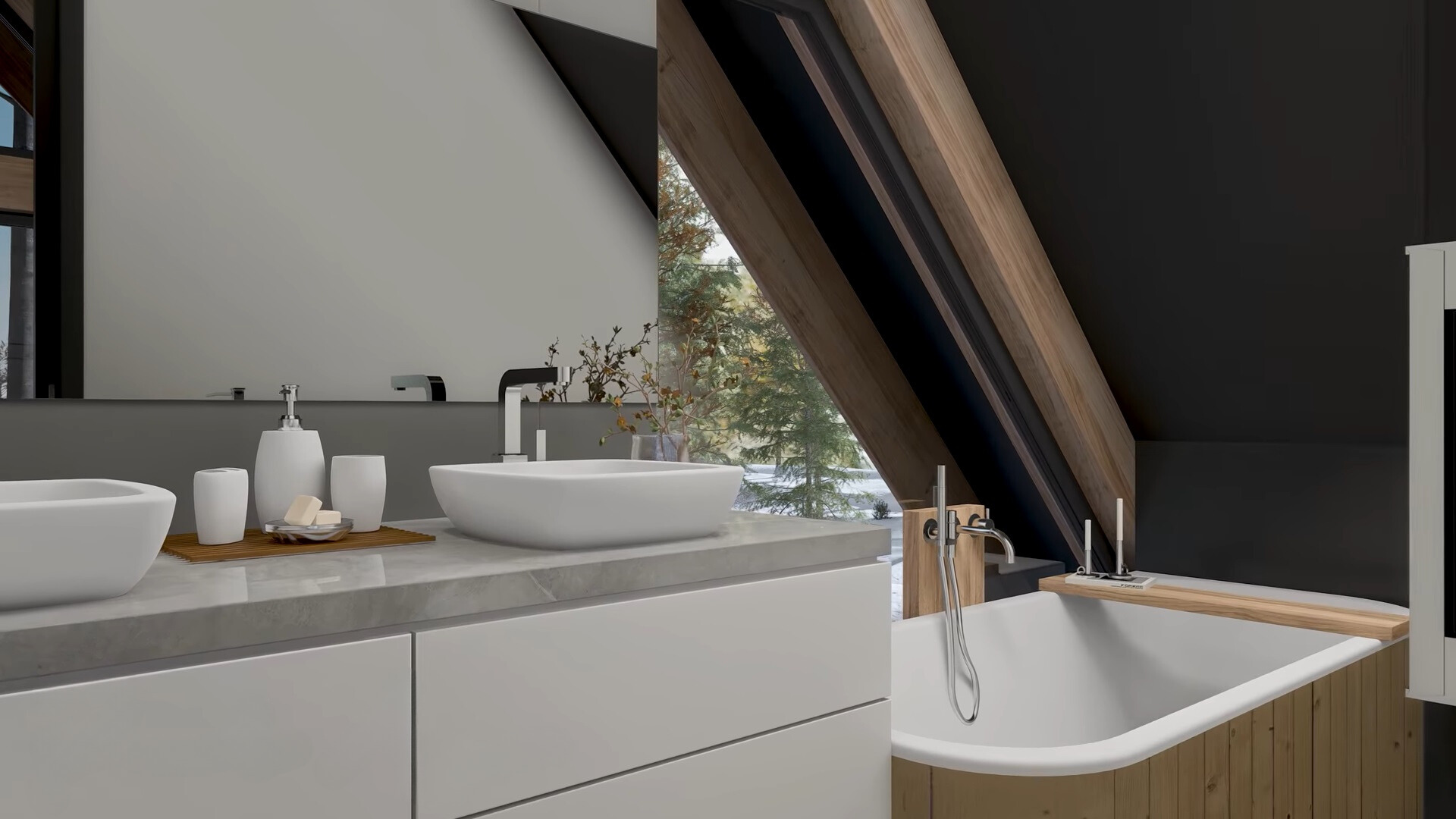 bathroom with a window next to the bathtub, white cabinet, two white sinks and a mirror above