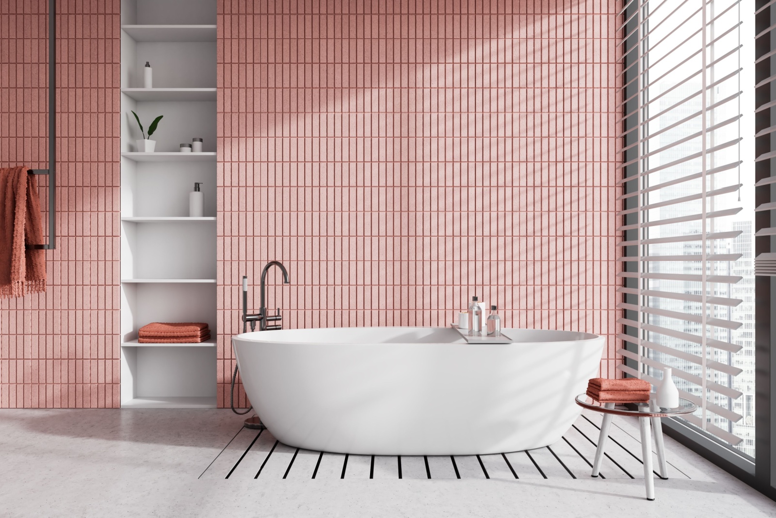 bathroom with one pink tiled wall, white bathtub, floor to ceiling window, floor to ceiling white shelf, tiny glass table with white legs