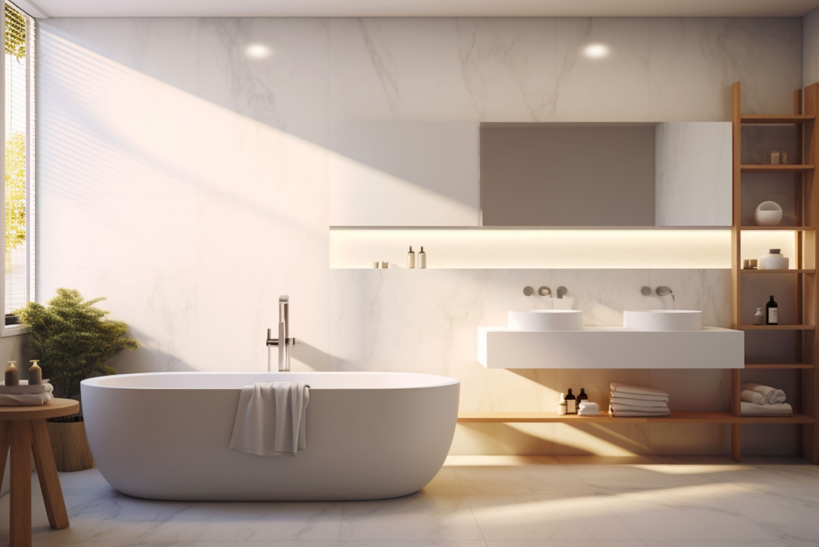 bathroom with a white bathtub, white countertop with two white sinks, brown shelf