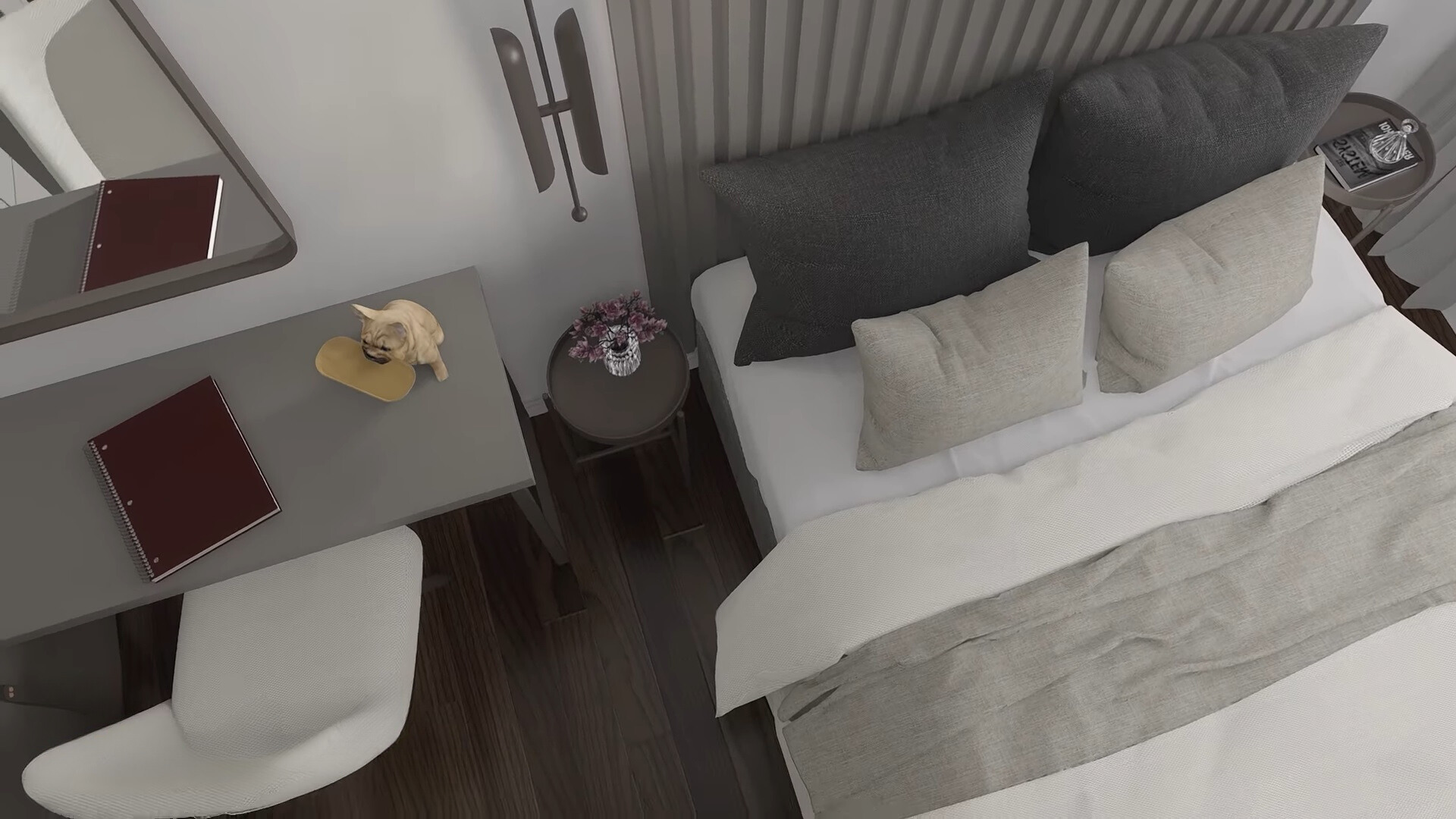 bedroom with a bed, round bedside tables, gray desk, white chair and a mirror above the desk