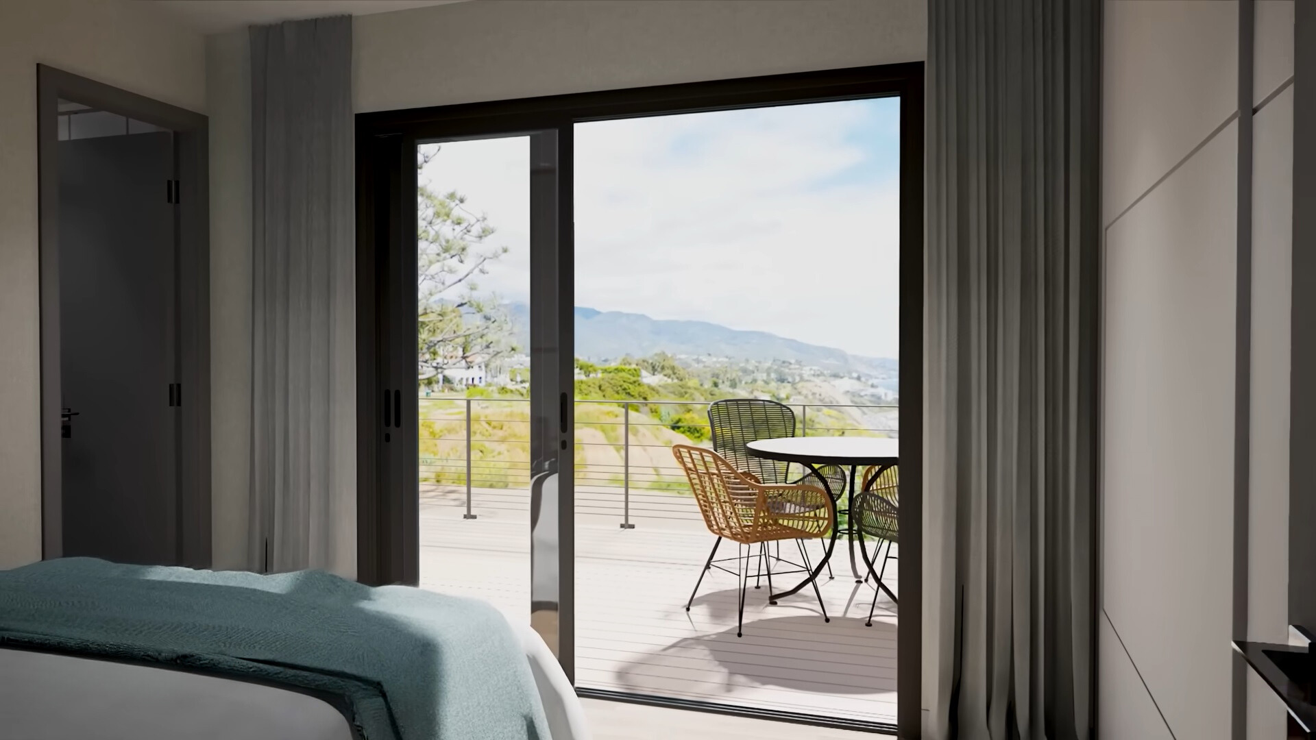 bedroom with a bed and a beautiful view from the glass door