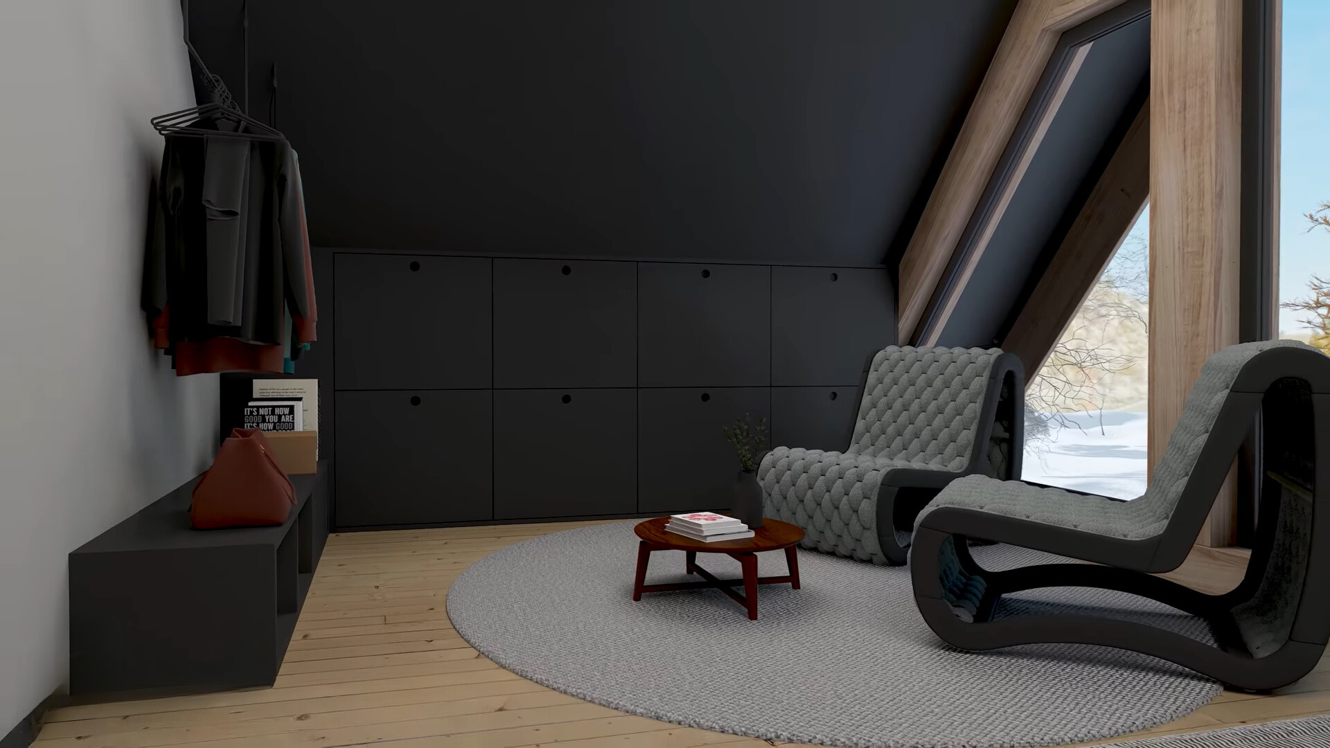 bedroom with a floor to ceiling window, one black wall, two modern chairs, mini round brown table and an open clothing rack