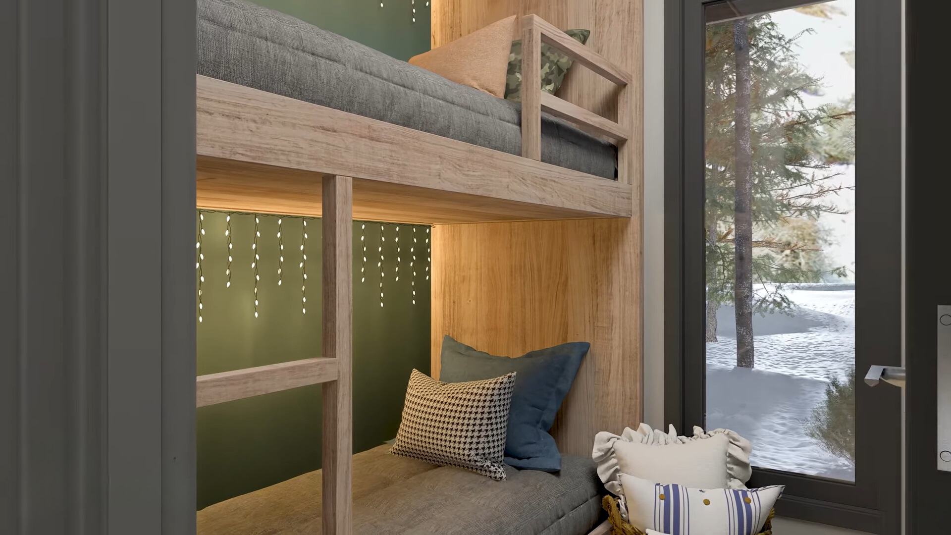 bedroom with bunk beds, floor to ceiling window and fairy lights