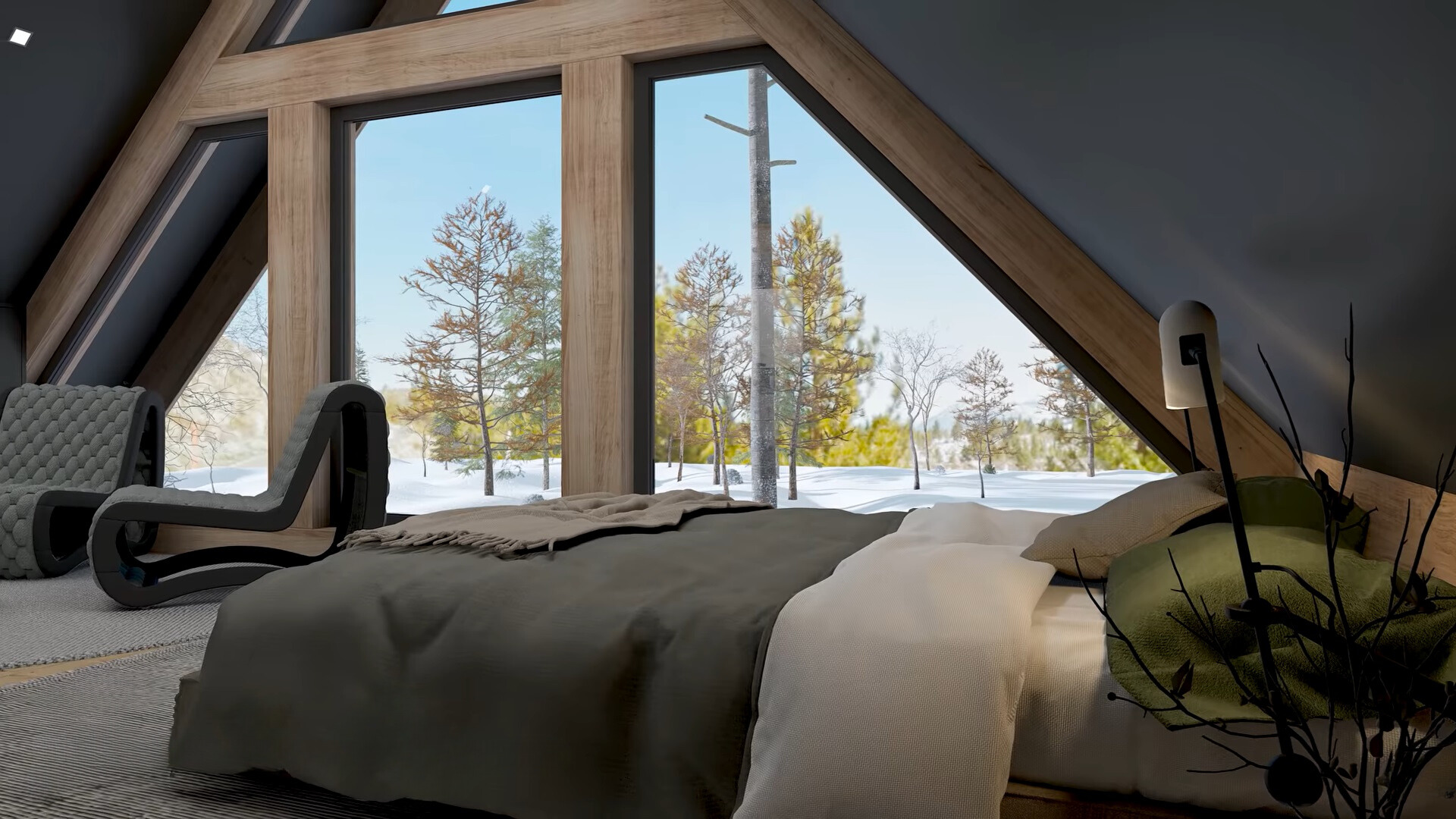 bedroom with floor to ceiling windows, big bed and a black wall behind the bed