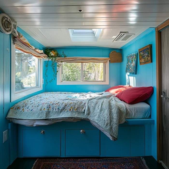 bedroom with a comfy bed surrounded by windows, sky ceiling, blue drawers as storage area under the bed