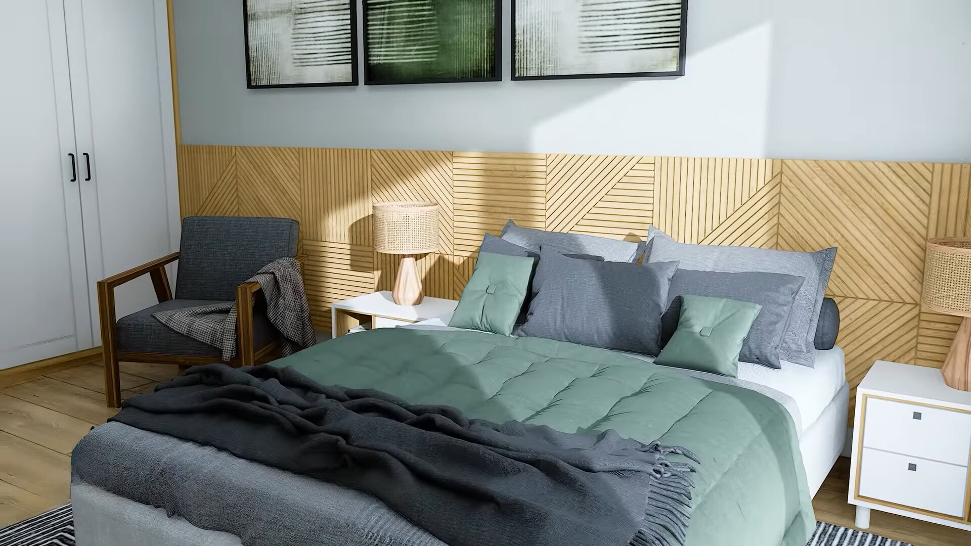 bedroom with a big bed, white bedside tables, white cabinet and a chair