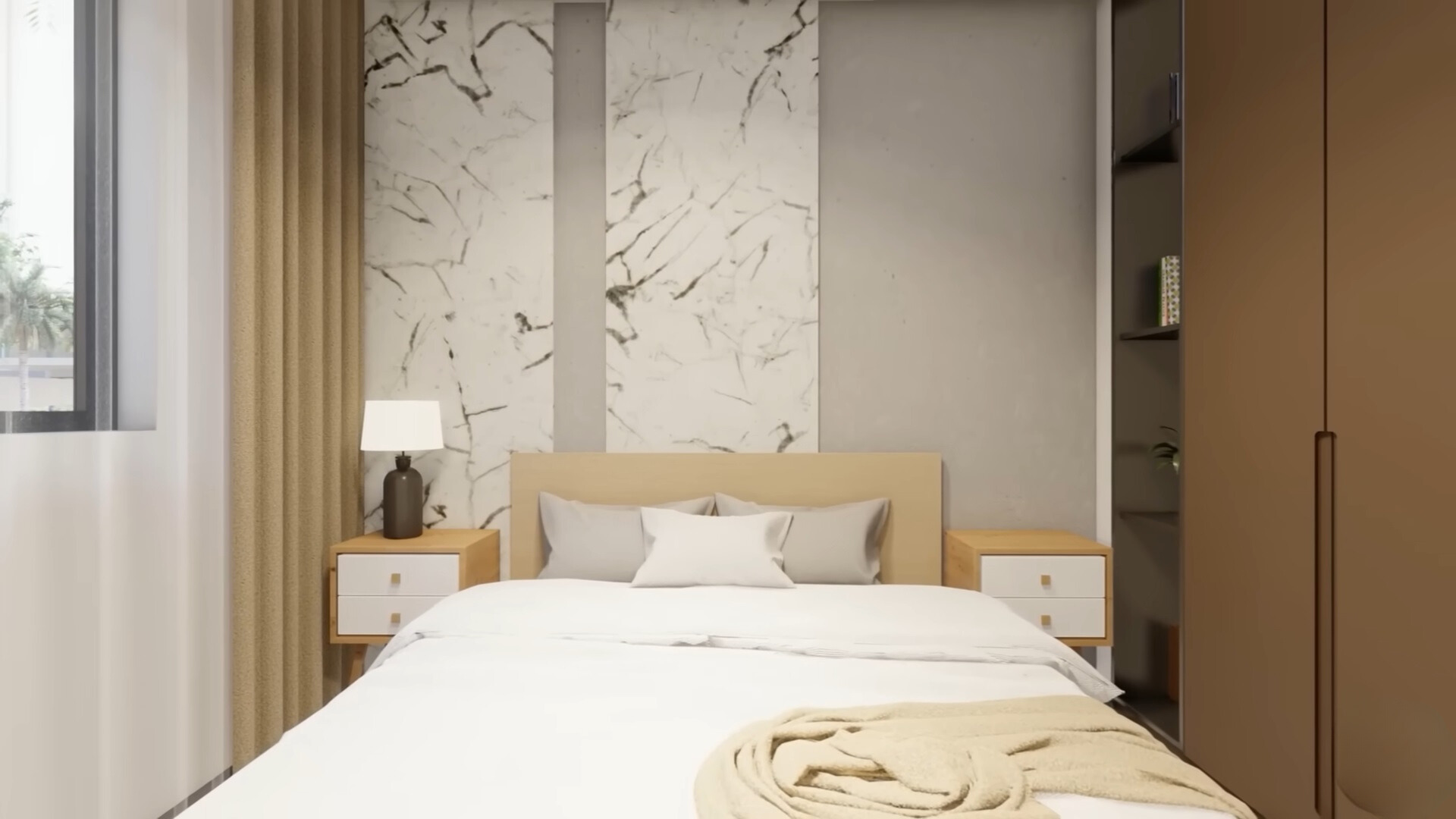 bedroom with a brown closet, a bed surrounded by beige and white bedside tables, beige curtains